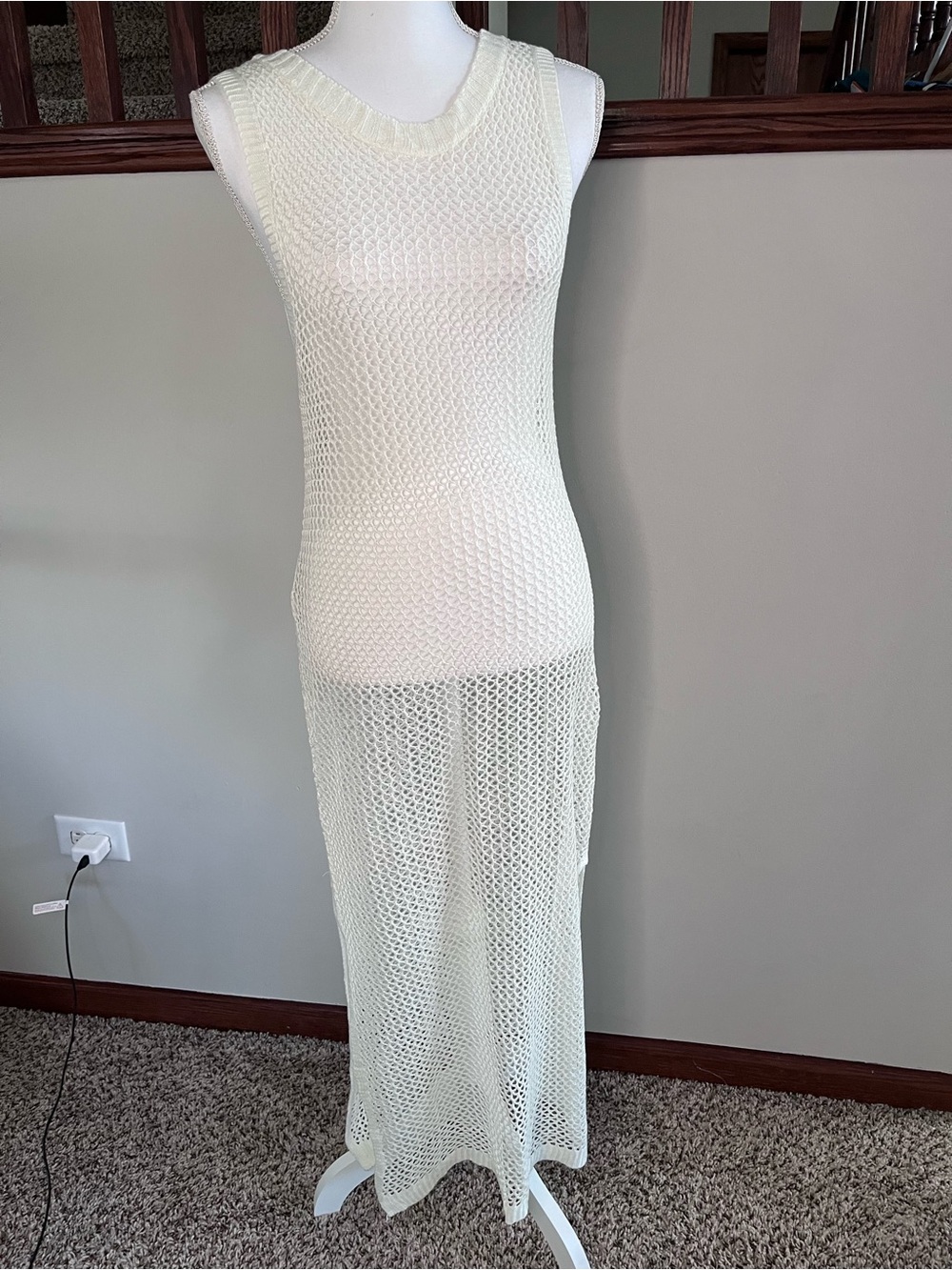 White Crochet Open Knit Maxi Dress Sleeveless Deep Scoop Back Beach Cover Up
